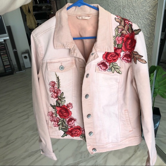 pink patch denim jacket